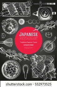 Japanese food menu restaurant. Asian food poster. Vector illustration top view. Japanese food engraved design template.