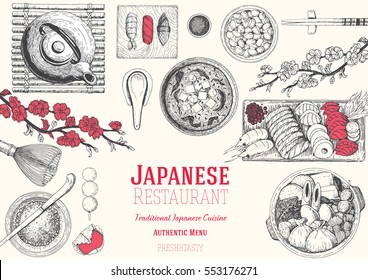 Japanese food menu restaurant. Asian food poster with sashimi, miso soup, oden, natto and sushi.  Top view frame vector illustration. Japanese food engraved design template.