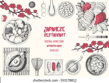 Japanese food menu restaurant. Asian food poster with sashimi, miso soup, oden, natto and sushi.  Top view frame vector illustration. Japanese food engraved design template.