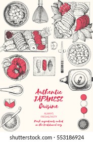 Japanese food menu restaurant. Asian food poster.  Top view frame vector illustration. Japanese food engraved design template.