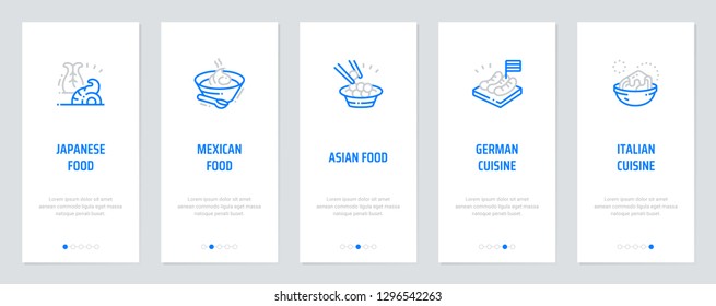 Japanese food, Mexican food, Asian food, German cuisine, Italian cuisine Vertical Cards with strong metaphors. Template for website design.
