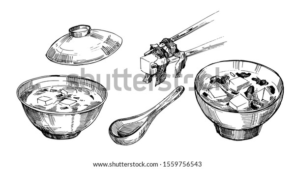 和食 味噌汁 スケッチ 手描きのイラストをベクター画像に変換 白い背景に分離型 のベクター画像素材 ロイヤリティフリー