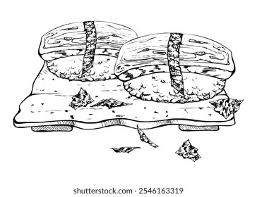 Comida japonesa nigiri sushi definido na placa de cerâmica com omelete tamagoyaki na bola de arroz, flocos de nori, mão desenhada em caneta vetorial e tinta. Ilustração para restaurante, menu café, impressão de cozinha, livro de receitas