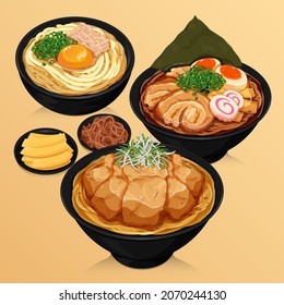 Japanese food noodles recipes illustration vector. (Ramen, Udon and Soba)