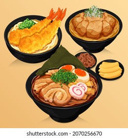 Japanese food noodles recipes illustration vector. (Ramen, Tempura Udon and Soba)