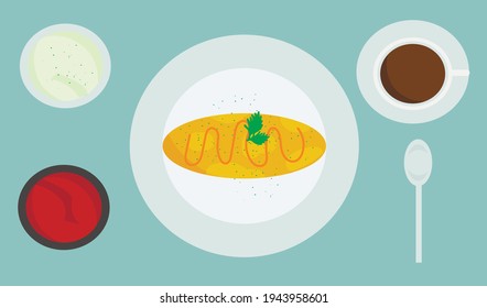 Japanese food omuraisu omelette with sauces and tea