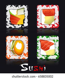 Japanese Food on Black Background and Stylized Inscription Sushi