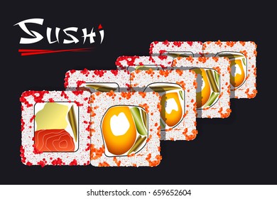 Japanese Food on Black Background and Stylized Inscription Sushi