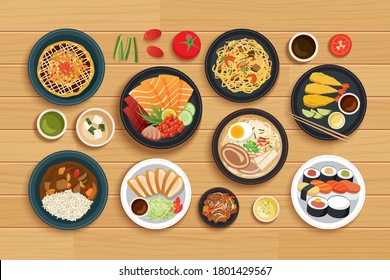 japanese food on top view wooden background.