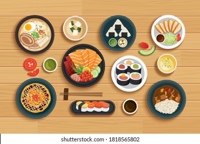 japanese food on top view wooden background.