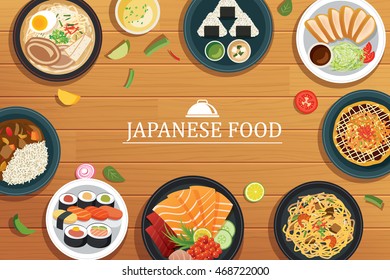 Japanese Food On A Wooden Background.Vector Japanese Food Top View.