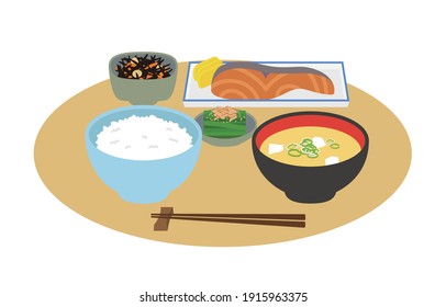 Japanese food, one soup and three vegetables. Vector data on a white background.