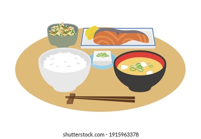 Japanese food, one soup and three vegetables. Vector data on a white background.