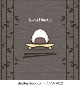 Japanese food. Onigiri on wood background. Vector illustration for menu decoration. Logo design.