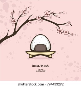 Japanese food. Onigiri and sakura branch. Rice ball. Vector illustration for menu decoration and logo design.