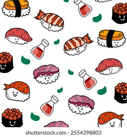 japanese food pattern background, sushi sashimi ramen cute icon seamless pattern. sushi seamless pattern background.