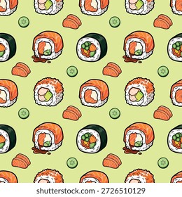 Japanese food pattern background, sushi sashimi ramen cute icon seamless pattern. Sushi roll japan street fast food with seafood and rice salmon and cheese vector