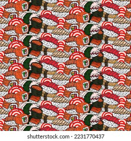 Japanese food pattern with sushi isolated on abastract lines background