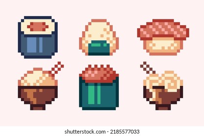 Japanese food pixel art set. Sushi, sashimi, maki rolls, ramen, noodles collection. 8 bit sprite. Game development, mobile app.  Isolated vector illustration.