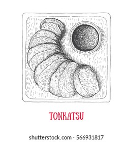Japanese food, pork cutlet Tonkatsu. Hand drawn vector illustration. Japanese food engraved sketch.
