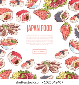 Japanese food poster with famous asian cuisine dishes on white background. Octopus, oysters, tuna, nigiri, sushi roll with shrimps, sashimi with salmon, soup with seafoods vector illustration.