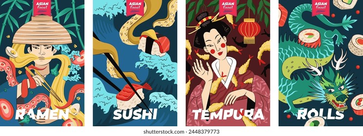 Japanese food poster set. Japan cuisine banner ramen national noodle dish and tempura fried shrimp. Sushi, sashimi and rolls oriental advertising print. Asian seafood restaurant menu vector placard