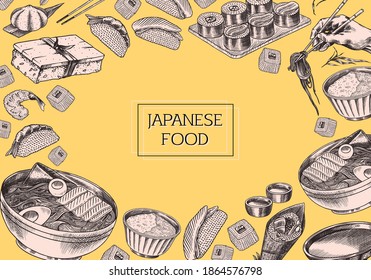 Japanese food poster. Sushi bar, ramen noodles, soup in a bowl, roll and dessert, Asian tea. Soy sauce. Hand holds chopsticks. Drawn engraved sketch for menu. Monochrome style. Vector illustration