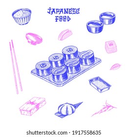 Japanese food poster. Sushi bar, ramen noodles, soup in a bowl, roll and dessert, Asian tea. Soy sauce. Hand holds chopsticks. Drawn engraved sketch for menu. Monochrome style. Vector illustration