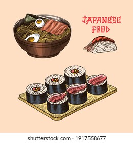 Japanese food poster. Sushi bar, ramen noodles, soup in a bowl, roll and dessert, Asian tea. Soy sauce. Hand holds chopsticks. Drawn engraved sketch for menu. Monochrome style. Vector illustration