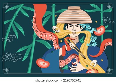 Japanese food ramen drawing poster design. Japan national noodle dish. Squid or octopus tentacles entwined samurai with bowl and chopstick. Asian cafe menu advertising banner or flyer decoration