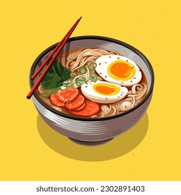 japanese food ramen noodle bowl vector hand drawn illustration