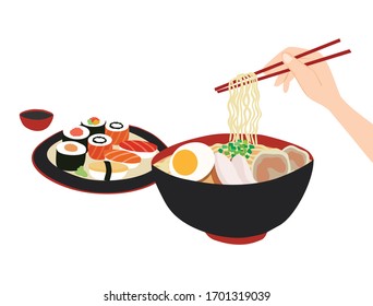 Japanese food ramen noodle soup bowl and sushi isolated vector illustration