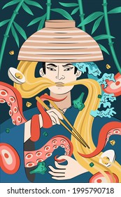 Japanese food ramen poster hand-drawn design. Japan national noodle dish. Squid or octopus tentacles entwined samurai with bowl and chopstick. Asian cafe menu advertising banner or flyer decoration