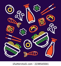 Japanese food. Ramen, soy sauce, egg and shrimp outline pattern