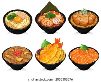 Japanese food recipes with rice and noodles illustration vector. (Udon, Ramen, Miso Ramen, Donburi, Gyudon, Tendon, and Salmon Ikura Donburi)