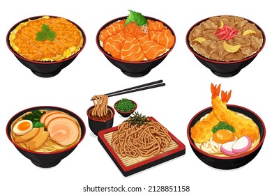 Japanese food recipes with rice and noodles illustration vector.  (Katsudon, Salmon Ikura Don, Gyudon, Ramen, Soba and Tempura Udon)