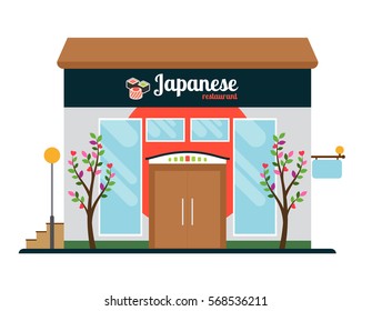 Japanese food restaurant colorful store front with white background. Vector illustration