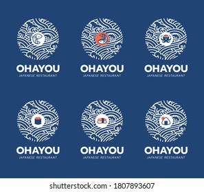 Japanese food and restaurant logo design template. Sushi, salmon fish, octopus,takoyaki icon and symbol isolated on water ocean wave. Ohayou means to 'Good morning' in Japan language.