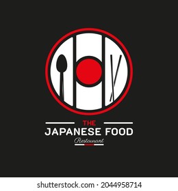 Japanese Food Restaurant Logo. Japan Flag Symbol With A Spoon, Bowl, And Chopsticks Icons. Premium And Luxury Logo