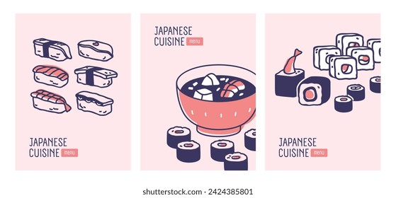 Japanese food restaurant, menu cover design. Japan cuisine, Asian bar, vertical backgrounds, cards set. Sushi, nigiri, maki, rolls and soup, Eastern banner templates. Flat vector illustration