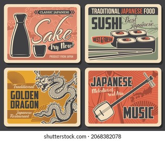 Japanese Food Restaurant And Music Retro Banners. Sake Rise Wine Ceramic Bottle And Cup, Maki Sushi Rolls And Chopsticks, Dragon And Shamisen Musical Instrument Vector. Japan Culture Vintage Posters