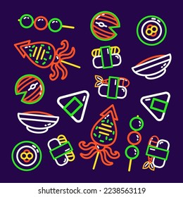 Japanese food. Rice balls, shushi and grilled squid outline pattern