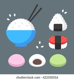 Japanese food rice dishes icon set  Bowl rice and chopsticks  onigiri   sushi  mochi rice cakes and red bean paste filling  Flat cartoon vector icons 