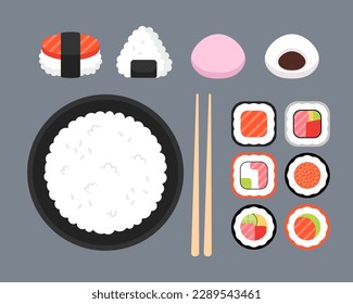 Japanese food rice dishes icons set. Bowl of rice, chopsticks, onigiri and sushi, rice mochi stuffed with red beans and sushi. Flat cartoon vector icons, top view.