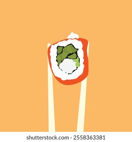 Japanese food. Salmon sushi and rice roll ad. Bamboo Chinese texture. Asian bento lunch menu. Wood chopsticks. Red circle. Asia culture invitation banner design. Vector neoteric background