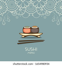 Japanese food. Seafood roll with floral decoration. Vector illustration for Sushi bar menu design.