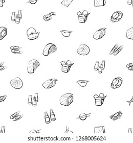 Japanese food and Seafood set. Background for printing, design, web. Usable as icons. Seamless. Monochrome binary, black and white.