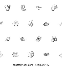 Japanese food and Seafood set. Background for printing, design, web. Usable as icons. Seamless. Monochrome binary, black and white.