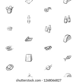 Japanese food and Seafood set. Background for printing, design, web. Usable as icons. Seamless. Monochrome binary, black and white.