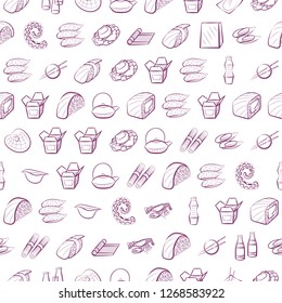 Japanese food and Seafood set. Background for printing, design, web. Usable as icons. Seamless. Color.